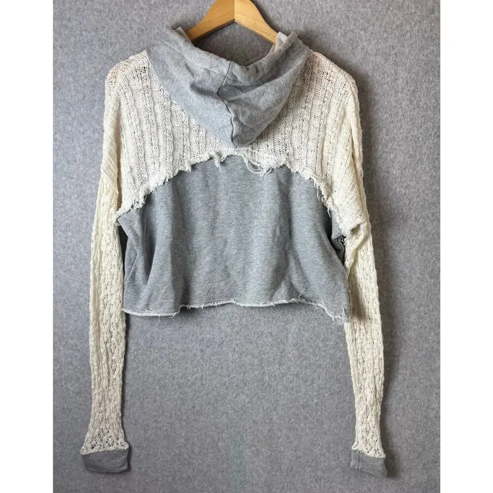 BKE Gimmicks Top Women's Boho Hooded Crochet Cropped Y2K Gray Western Lagenlook
